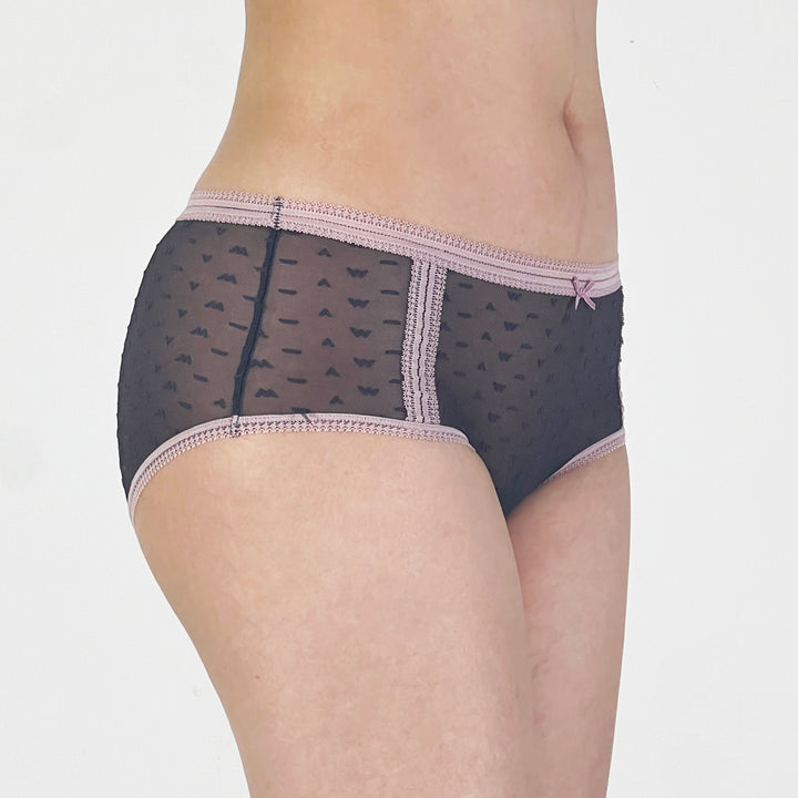 Plum Sheer Mesh Boyshort Panty with Heart Motifs