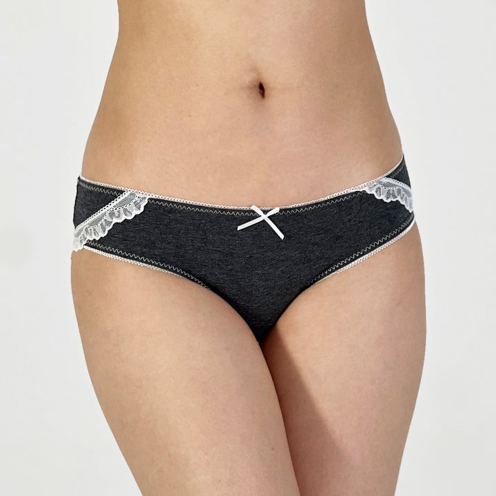Charcoal Gray Cotton Underwear with White Lace Trim