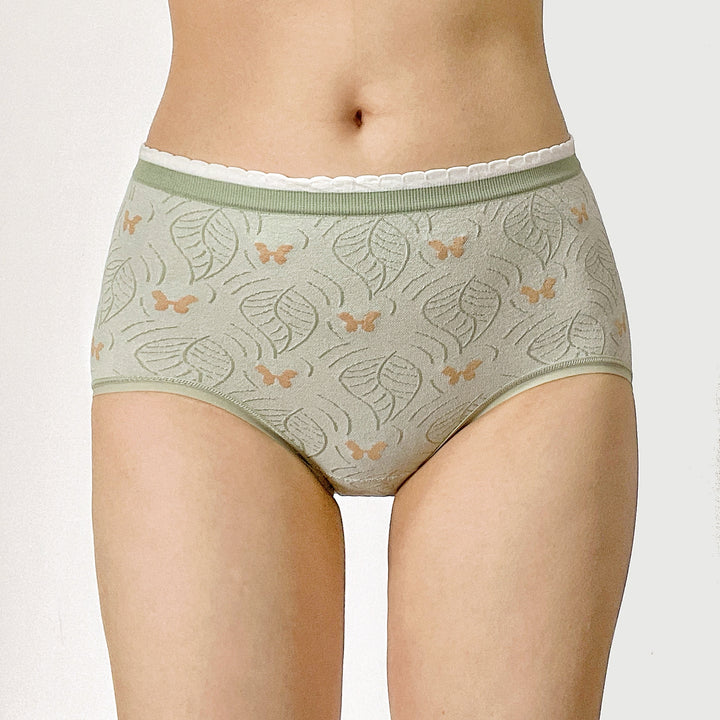 Light Green Leaf and Butterfly Mid-Rise Panty