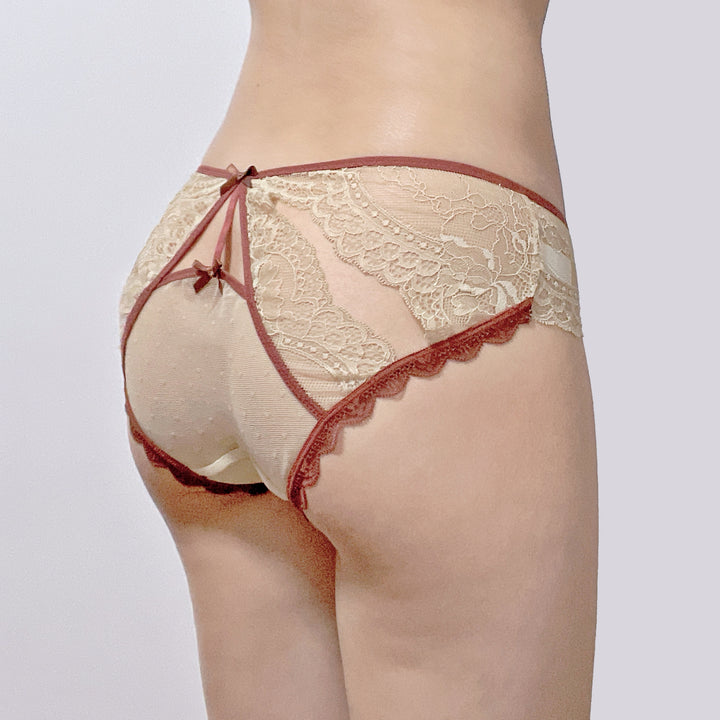 Lace Trim Open-Back Panty – Beige & Wine Red