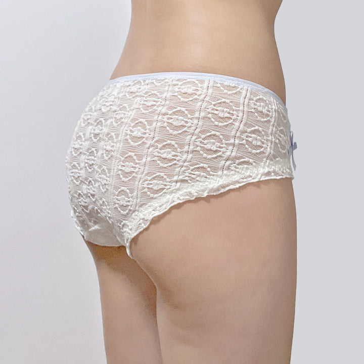 Ivory Lace Boyshorts with Blue Bows