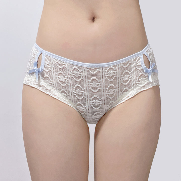 Ivory Lace Boyshorts with Blue Bows