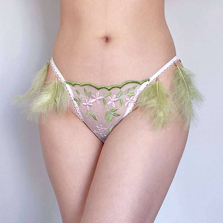 Feather Bloom Embroidered Thong